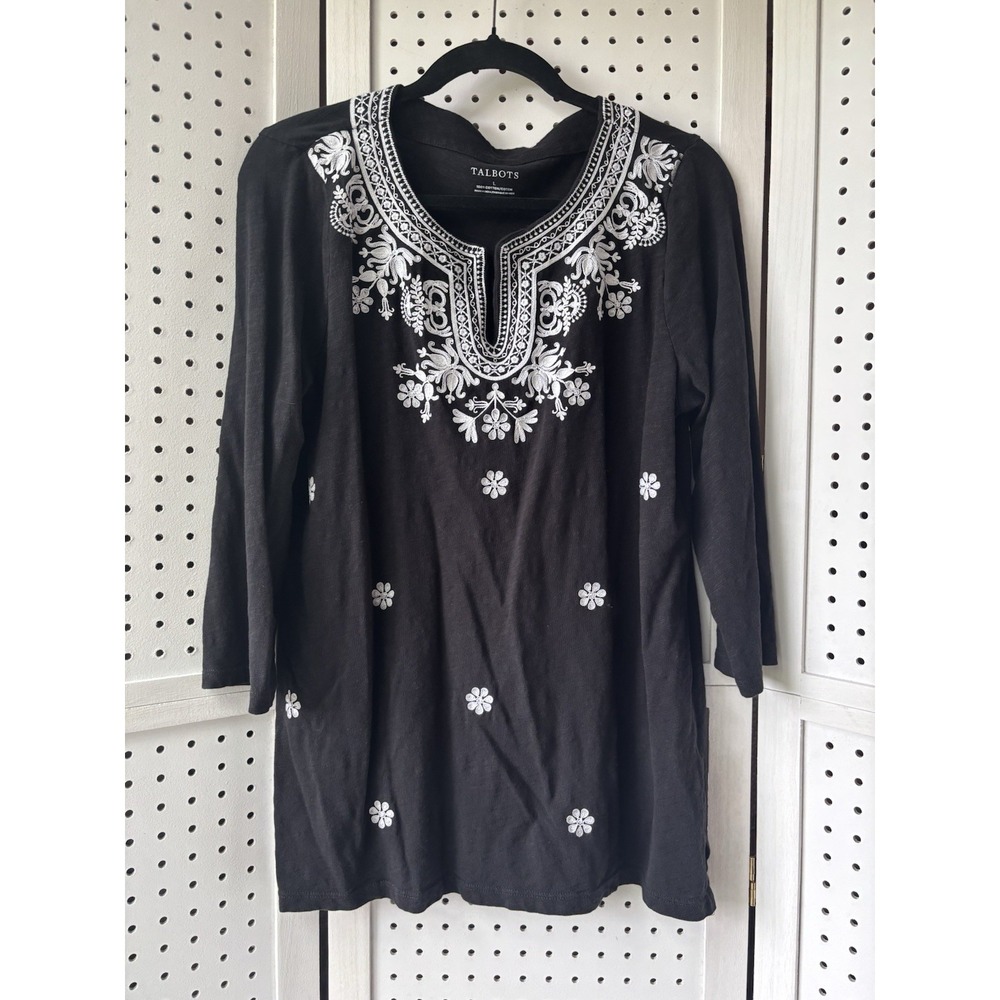 Talbots 100% Cotton Black White Emboidered 3/4 SLV Tunic Tee Shirt Women's Lg